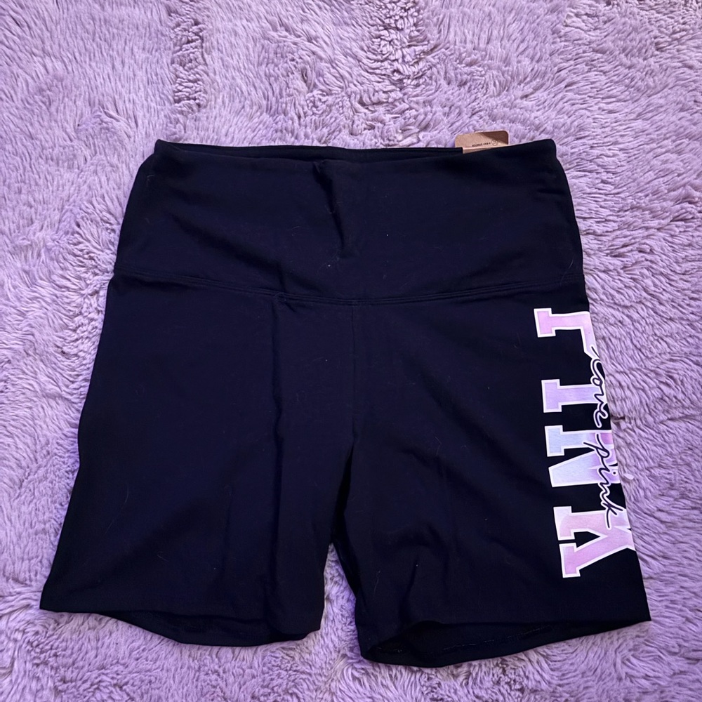 NWT* PINK Victoria's Secret Black Bike Shorts with Tie-dye Lettering